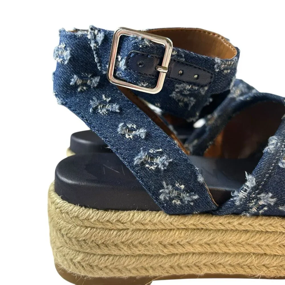 Nine West Espadrille Platform Sandals 6M Showrunner Denim Ankle Strap Open Toe